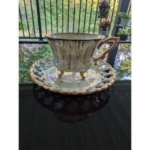 Royal Sealy Vtg Pearlized China Pedestal Tea Cup Reticulated Saucer Gold Japan
